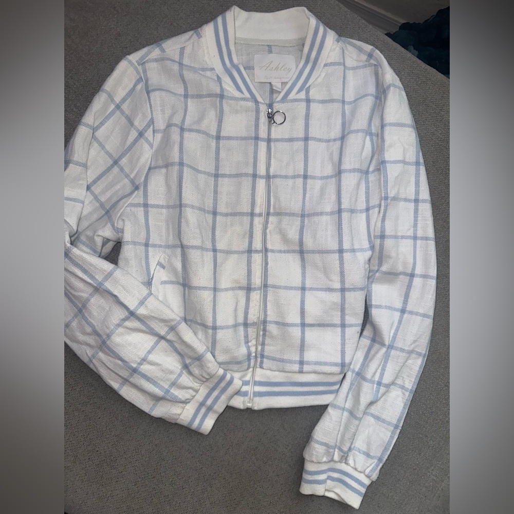 Women's White and Blue Plaid Bomber Jacket